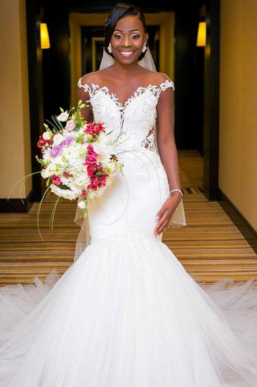 Romantic White Mermaid Cap Sleeve Wedding  Dress| New Arrival Tulle Bridal Gown_1