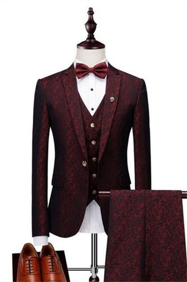 Mens Wine Ruby Notched Laple Prom Suit |  Custom Three Piece Jacquard Tuxedo