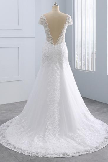 Bradyonlinewholesale Chic Jewel Mermaid Tulle Lace Wedding Dress Short-Sleeves Beadings Appliques Bridal Gowns On Sale_2