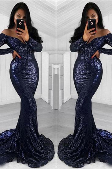 Black Mermaid Sequined Prom Dresses | Off the Shoulder Long Sleeves Evening Gowns_3
