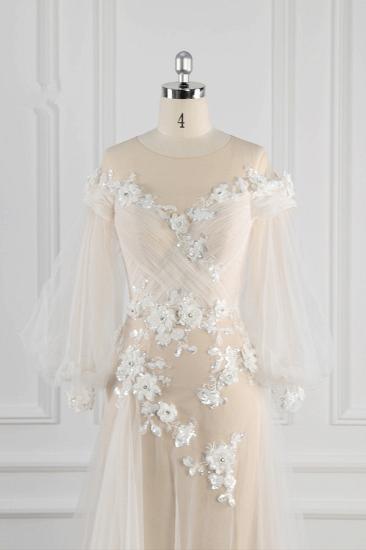 Bradyonlinewholesale Chic Jewel Pink Tulle Flowers Wedding Dress Beadings Appliques Long Sleeves Bridal Gowns On Sale_3