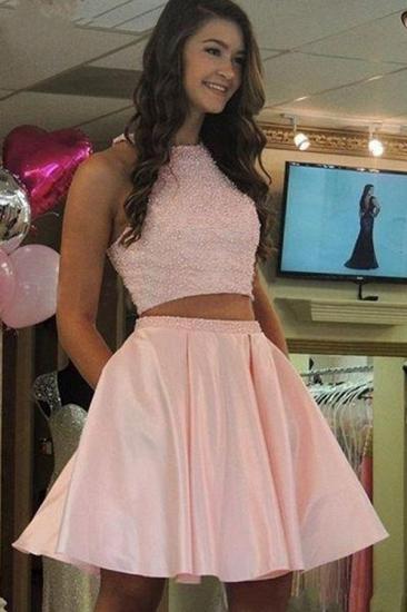 Pink Two Pieces A-line Homecoming Dresses Pearls Short Cocktail Dresses