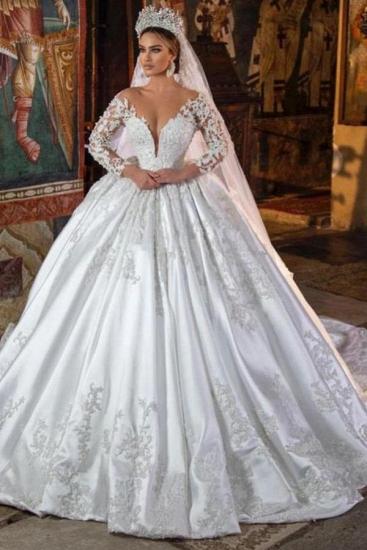 Gorgeous Long Sleeves Bridal Gown 3D Floral Lace Appliques V-Neck Wedding Dress_1