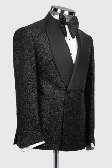 Wide Satin Shawl Lapel Sparkling Black Wedding Suit for Groom_2