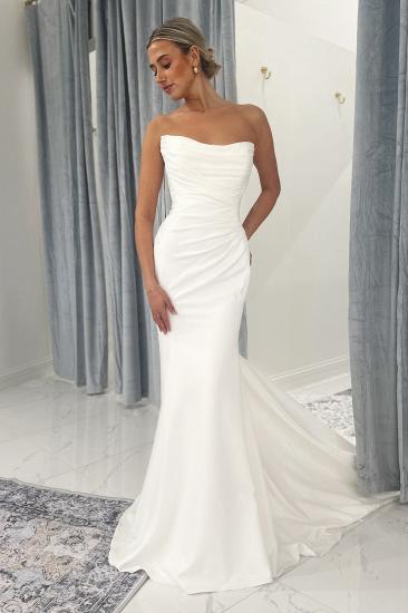 Strapless Satin Appliques Lace Mermaid Wedding Dresses with Train_2