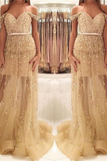 Champagne Gold Beads Sequins Prom Dress Off The Shoulder Illusion Evening Gown_2