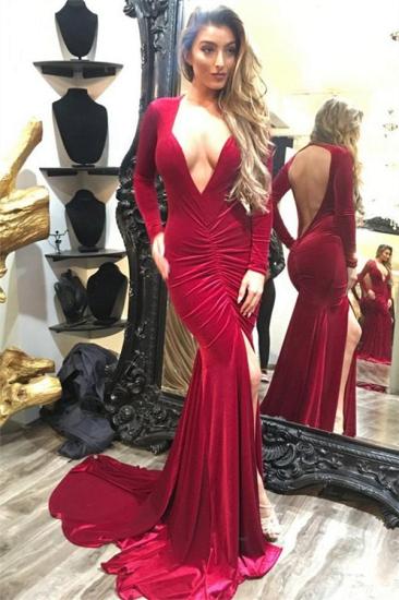 2022 Long Sleeve Sexy V-neck Evening Dress Burgundy Velvet Open Back Prom Dress with Front Slit_1
