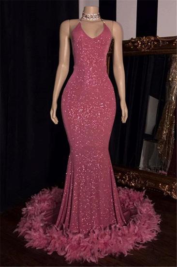Mermaid Pink Sequin Prom Dress with Feather | Sleeveless Sexy Cheap Evening Gowns_1