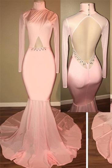 Open Back Pink Prom Dress Sexy | Mermaid High Neck Evening Gowns with Sleeve_1
