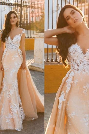 Elegant V-Neck Lace Applique Mermaid Bridal Gowns | Cap SleeveWedding Dress with detachable Train_3