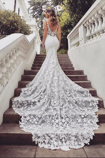 Gorgeous Train Sleeveless V-neck Lace mermaid wedding dresses_3