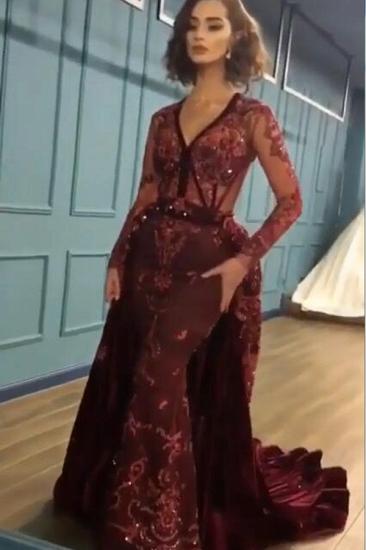 2022 Burgundy Prom Dresses Cheap | Sparkle Beads Appliques Evening Gowns with Sleeves