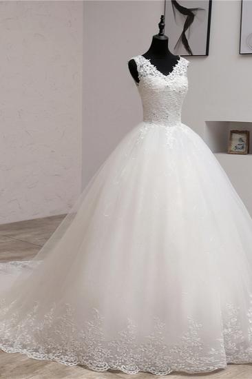Bradyonlinewholesale Ball Gown V-Neck White Tulle Wedding Dresses Sleeveless Lace Appliques Bridal Gowns with Beadings_3