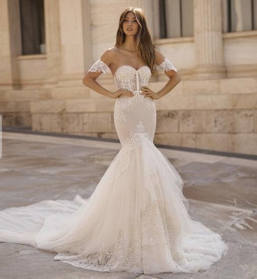 Off-the-Shoulder Puffy Tulle Wedding Dress| Mermaid Appliques Sweep Train Bridal Gowns_4
