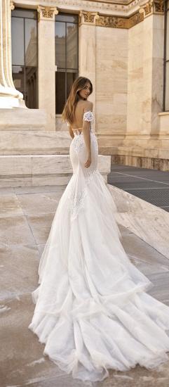 Off-the-Shoulder Puffy Tulle Wedding Dress| Mermaid Appliques Sweep Train Bridal Gowns_5
