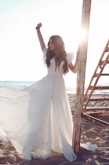 White Chiffon Ruffles Sleeves V-neck Summer Beach Wedding Dress_1