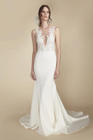V-neck lace silk satin A-line long-sleeved floor-length dress with applique wedding dress_1