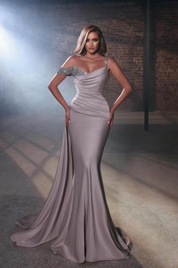 Charming Long Ruched Satin Mermaid Prom Dress Asymmetric Glitter Sequins Evening Party Dress_1