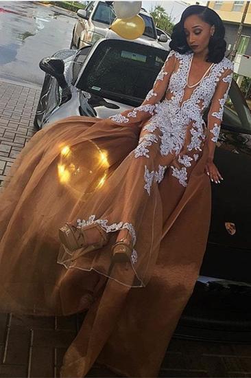 V-neck A-line Lace Appliques Prom Dress Newest Long Sleeve Evening Dress