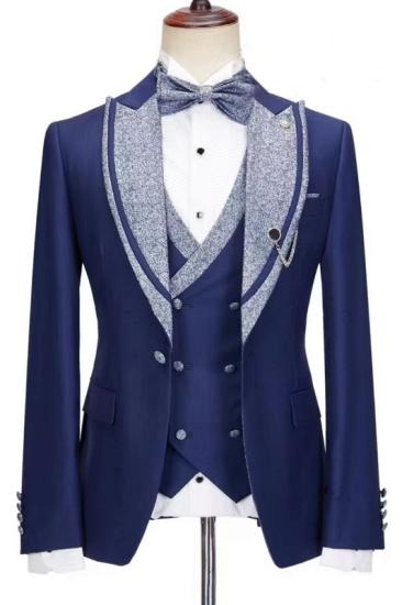 Fancy Dark Blue Peaked Lapel Prom Suits | Three Pieces