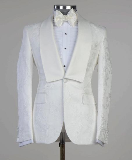 Latest Design White Jacquard Shawl Lapel One Button Wedding Suits_2