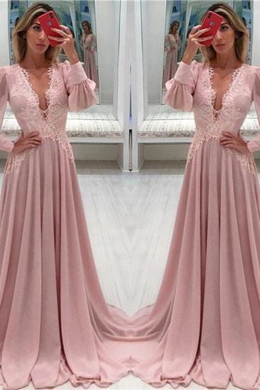 Pink Chiffon Bubble Sleeves Sexy Evening Dresses | Sexy V-neck Cheap Formal Dresses_2