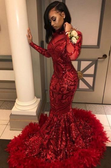 Long Sleeve Mermaid Red Prom Dresses Cheap | Sequins Appliques Feather Evening Dress_3