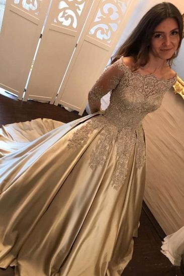 Long Sleeve Gold Lace Appliques Prom Dress Elegant Puffy Formal Evening Dress_2