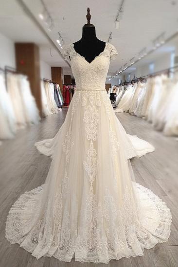 Bradyonlinewholesale Gorgeous V-Neck Cap Sleeves Tulle Wedding Dress Lace Appliques Ruffle Bridal Gowns Online