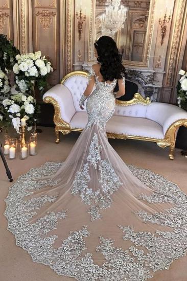 Elegant High neck Long sleeves Mermaid Wedding Dress | Silver Tulle Bridal Gowns with Lace Appliques_2