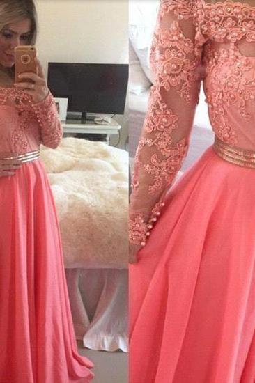 Cute Pink Long Sleeve Lace Beading Prom Dress New Arrival Chiffon Long Dress for Women_2