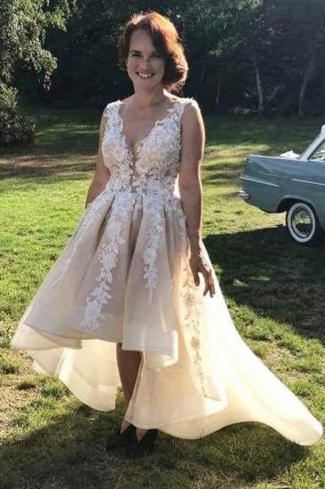 V-Neck Hi-Lo Lace Appliques Evening Prom Dress A-line Tulle Straps Elegant_1