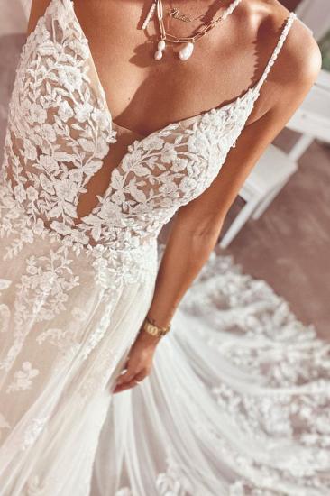 Double V Neck Tulle Wedding Dress Aline Sleeveless Floor Length Bridal Dress with Spaghetti Straps
