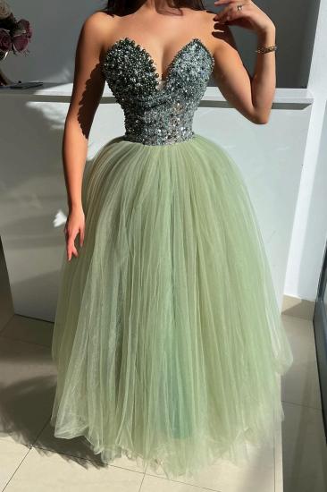 Sweetheart Strapless Tulle Beading A-Line Prom Dresses_4