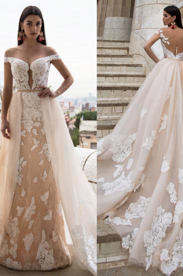 Gorgeous Off the Shoulder Princess Bridal Gowns | Lace Overskirt Wedding Dress detachable Train_3