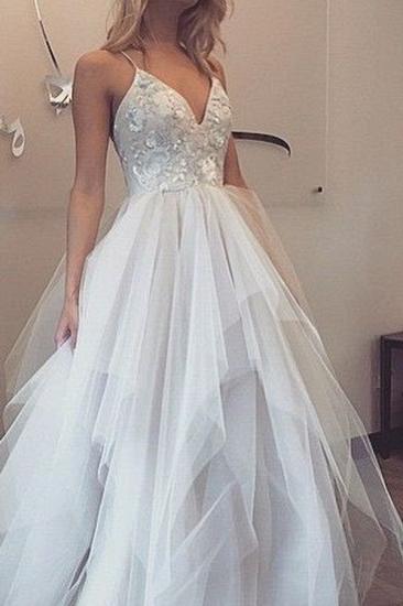 Spaghetti Straps V-neck Prom Dresses Sleeveless Appliques Tulle Cheap Evening Gowns_1