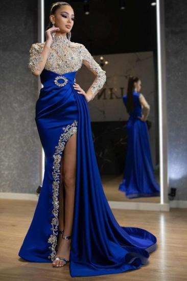 Luxurious Backless Royal Blue Satin Mermaid Evening Dress Long Sleeves Crystal Gold Applique Party Dress_1