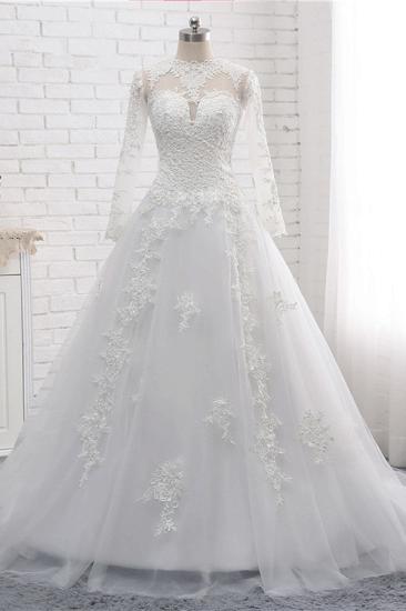 Bradyonlinewholesale Modest Jewel White Tulle Lace Wedding Dress Long Sleeves Appliques A-Line Bridal Gowns On Sale_1