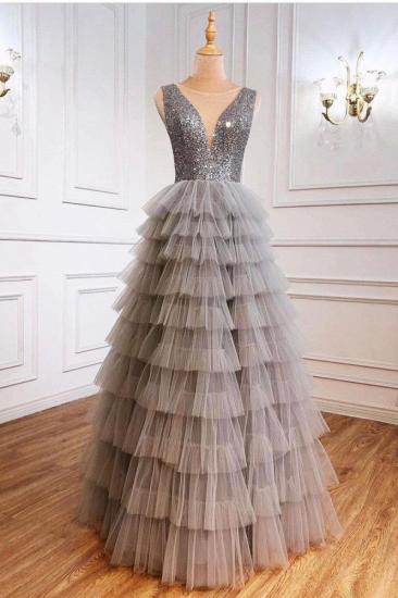 Charming Shinny Sequins V-Neck Tulle Layers Evening Dress Sleeveless_1