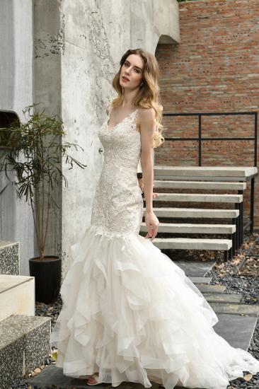 Luxury Mermaid Ivory V-neck Spring Lace Wedding Dress with Ruffles Train_3