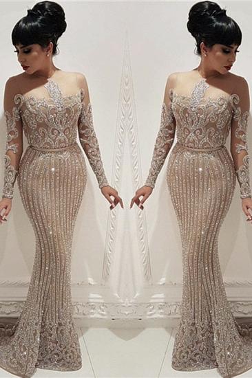 Sparkly Beads Sequins Sexy Evening Dresses |  Mermaid Long Sleeve Nude Lining Prom Dresses_2