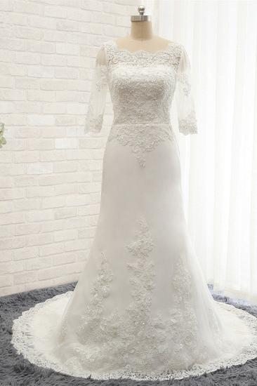 Bradyonlinewholesale Affordable Jewel White Tulle Lace Wedding Dress Half Sleeves Appliques Bridal Gowns Online_4