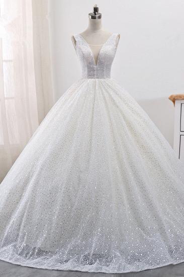 Bradyonlinewholesale Gorgeous Tulle V-Neck Ball Gown Wedding Dress Sparkly Sequined Sleeveless Bridal Gowns On Sale_1