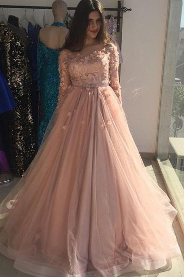 Long sleeves Floral Blow Dusty Pink Ball Gown Tulle Prom Dresses_3