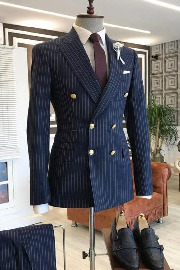 Irwin Navy Blue Pinstripe Peaked Lapel Double Breasted Business Suit_1