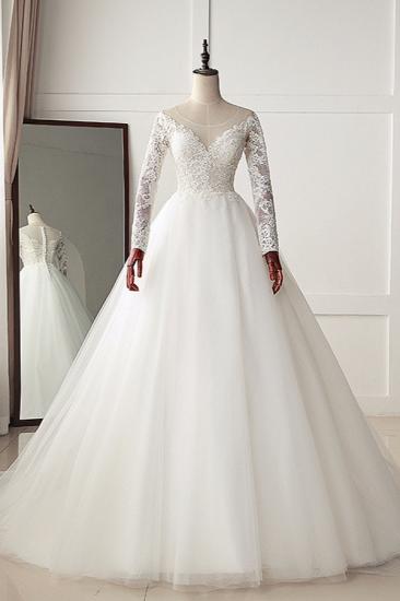 Bradyonlinewholesale Elegant Jewel Tulle Lace White Wedding Dress A-Line Long Sleeves Appliques Bridal Gowns On Sale