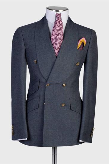 Latest Dark Gray Shawl Lapel Double Breasted Men's Suit_1