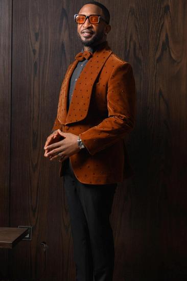 Young Caramel Shawl Lapel Velvet Prom Suits With Beading_2