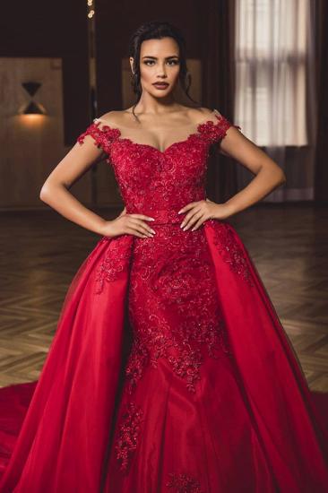 Charming Red Off Shoulder Lace Appliques Mermaid Prom Gown with Detachable Sweep Train_4