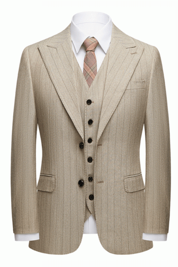 Gentle Khaki Striped Peak Lapel Formal Mens Suit for Business_1